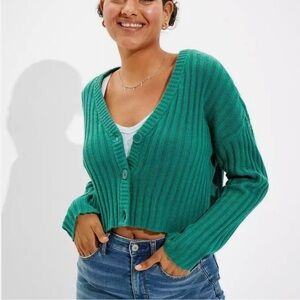 American Eagle Green V-Neck Ribbed Women's Cardigan / Sweater